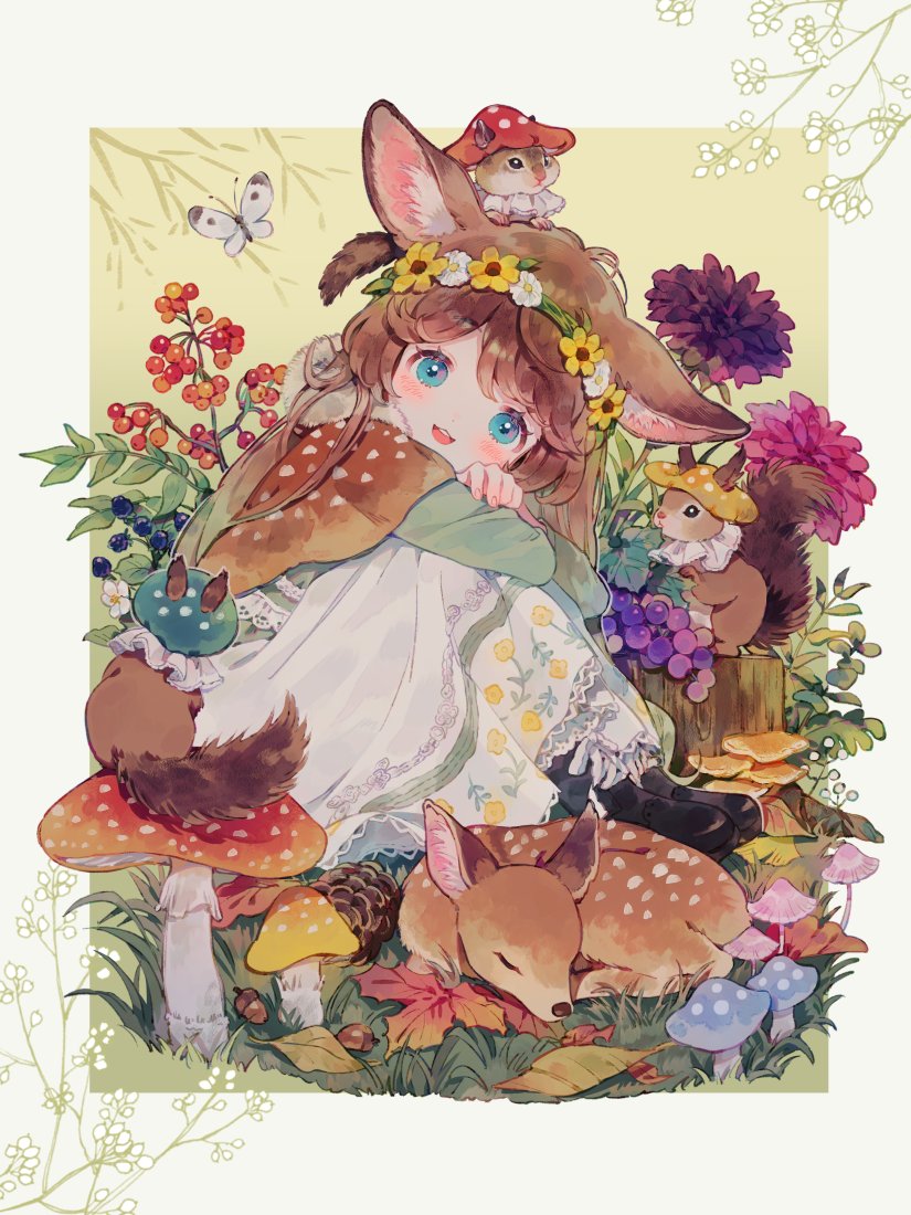 1girl, acorn, animal, animal_ear_fluff, animal_ears, animal_on_head, arms_on_knees, autumn_leaves