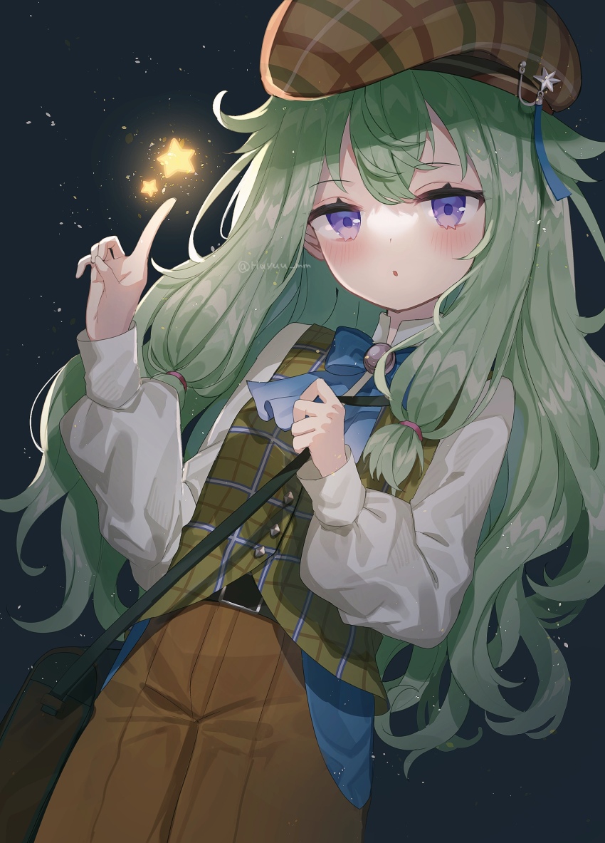1girl, absurdres, bag, belt, belt_buckle, black_bag, blue_bow, blue_bowtie, bow, bowtie, brown_hat, brown_pants, buckle, commentary, deerstalker, fuinagi_(huyuu_mm), green_hair, hat, highres, kusanagi_nene, long_hair, long_sleeves, low-tied_long_hair, mabayui_hikari_no_stage_de_(project_sekai), night, open_mouth, outdoors, pants, parted_lips, plaid_clothes, plaid_vest, pointing, pointing_up, project_sekai, purple_eyes, sky, solo, star_(sky), starry_sky, untranslatable_commentary, vest, white_sleeves, yellow_vest