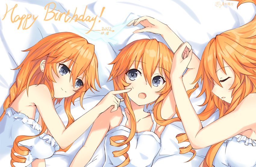 3girls, :o, arm_up, armpits, bare_shoulders, birthday, blue_eyes, blush