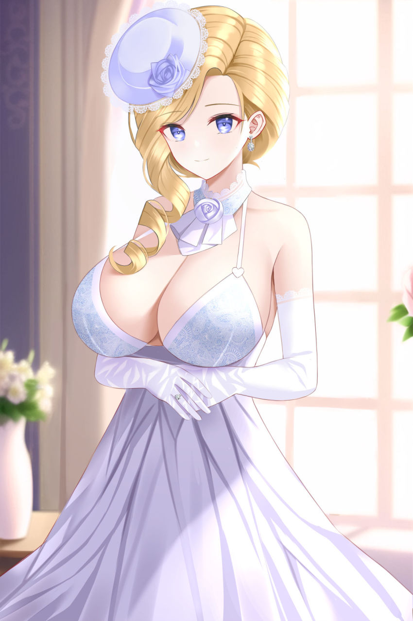 1girl, ai-assisted, alternate_costume, ascot, azur_lane, bare_shoulders, blonde_hair, blue_eyes, blurry, blurry_background, breasts, cleavage, closed_mouth, collarbone, commentary, cowboy_shot, detached_collar, dress, drill_hair, earrings, elbow_gloves, english_commentary, gloves, hair_over_shoulder, hat, highres, hood_(azur_lane), indoors, jewelry, large_breasts, long_dress, long_hair, looking_at_viewer, mini_hat, plant, potted_plant, ring, sidelocks, sleeveless, sleeveless_dress, smile, solo, standing, tilted_headwear, tina_(tinafya), wedding_dress, wedding_ring, white_ascot, white_dress, white_gloves, window