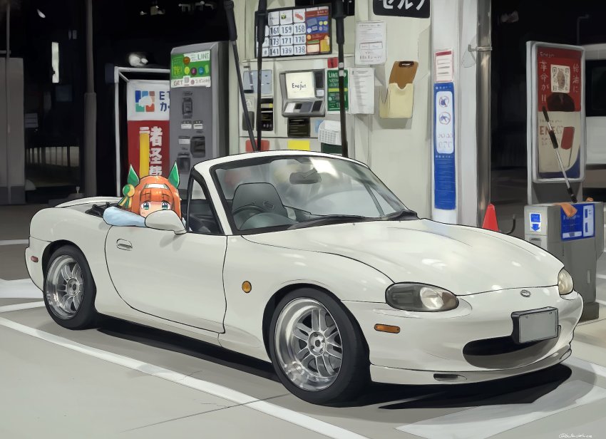 1girl, animal_ears, balladeluce, car, convertible, ear_covers, eunos_roadster, gas_pump, gas_station, green_eyes, hairband, highres, hime_cut, horse_ears, horse_girl, looking_at_viewer, mazda, mazda_mx-5, mazda_mx-5_nb, motor_vehicle, night, orange_hair, silence_suzuka_(umamusume), solo, sports_car, umamusume, vehicle_focus, white_hairband