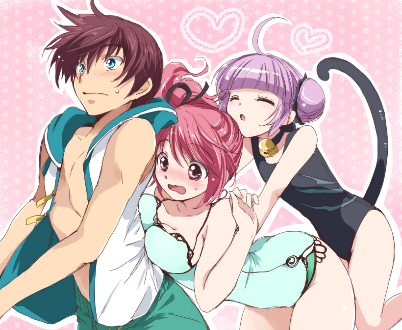 1boy, 2girls, ahoge, akina_tsukako, aqua_eyes, asbel_lhant, black_one-piece_swimsuit, breast_press, breasts, brown_hair, cheria_barnes, cheria_barnes_(seaside_angel), child, closed_eyes, competition_swimsuit, double_bun, green_one-piece_swimsuit, hair_bun, hood, hoodie, medium_breasts, multiple_girls, official_alternate_costume, one-piece_swimsuit, pink_background, pink_hair, purple_hair, school_swimsuit, short_hair, shorts, small_breasts, sophie_(beach_kitty)_(tales), sophie_(tales), surprised, surprised_arms, swimsuit, tail, tales_of_(series), tales_of_graces