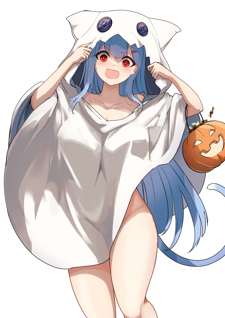 1girl, absurdres, animal_ears, blue_hair, breasts, candy, cat_ears, food, ghost_costume, halloween, halloween_bucket, highres, large_breasts, naked_costume, namako_(namacotan), no_bra, no_panties, open_mouth, plivyou, red_eyes, shikai_yue, solo, thighs, virtual_youtuber