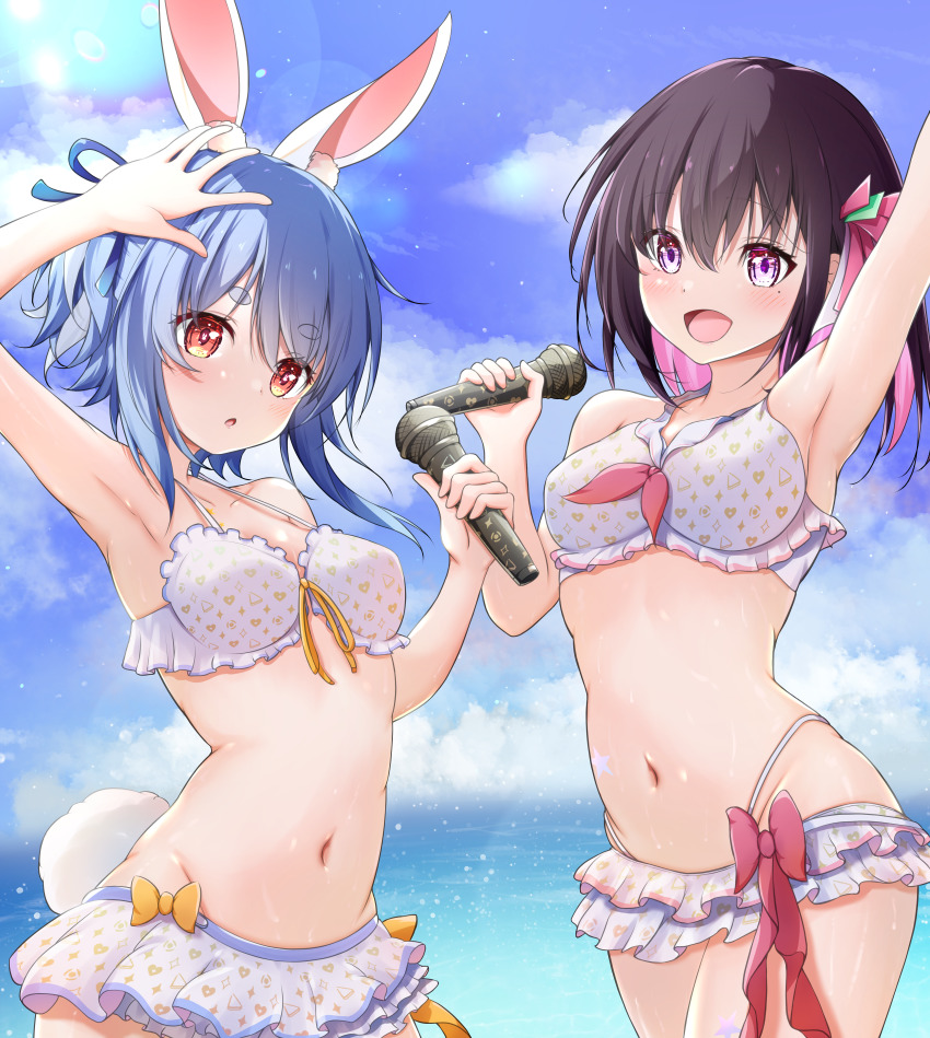 2girls, absurdres, animal_ears, arm_up, armpits, azki_(hololive), bikini, black_hair