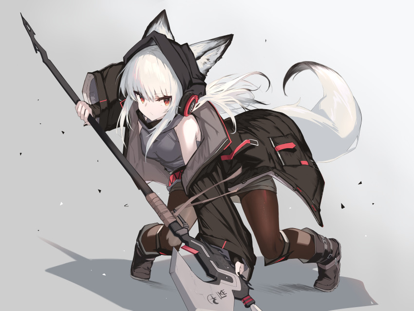absurdres, animal_ears, arknights, bare_shoulders, black_pantyhose, black_shirt, breasts, ears_through_headwear, fighting_stance, fox_ears, fox_girl, fox_tail, frostleaf_(arknights), frostleaf_(elite_ii)_(arknights), full_body, grey_background, halberd, headphones, highres, holding, holding_polearm, holding_weapon, implied_extra_ears, long_hair, long_sleeves, off_shoulder, pantyhose, polearm, red_eyes, shadow, shirt, simple_background, sleeveless, sleeveless_shirt, small_breasts, solo, standing, tail, weapon, white_hair, yki
