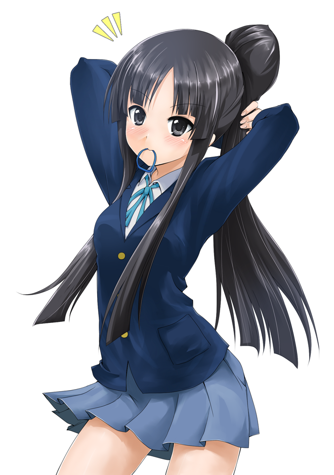 1girl, adjusting_hair, akiyama_mio, black_eyes, black_hair, female_focus, k-on!, long_hair, mouth_hold, school_uniform, simple_background, solo, styling, tsunbeji, white_background