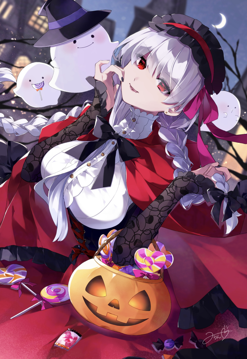 1girl, absurdres, blush, braid, breasts, candy, cape, capelet, center_frills, corset, crescent_moon, fate/grand_order, fate_(series), food, frilled_hairband, frills, ghost, hair_ribbon, hairband, halloween, halloween_bucket, halloween_costume, hat, highres, hood, hooded_cape, kama_(fate), kama_(halloween_horror_night)_(fate), kama_(second_ascension)_(fate), kama_(teenager)_(fate), large_breasts, lollipop, long_hair, long_sleeves, looking_at_viewer, low_twin_braids, misaki346, moon, mouth_hold, night, pink_ribbon, red_capelet, red_eyes, red_skirt, ribbon, shirt, skirt, sky, smile, solo, twin_braids, white_hair, white_shirt, witch_hat