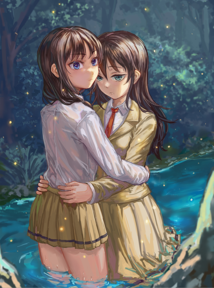 2girls, aqua_eyes, artist_name, bags_under_eyes, black_hair, blue_eyes, forest, hair_tie
