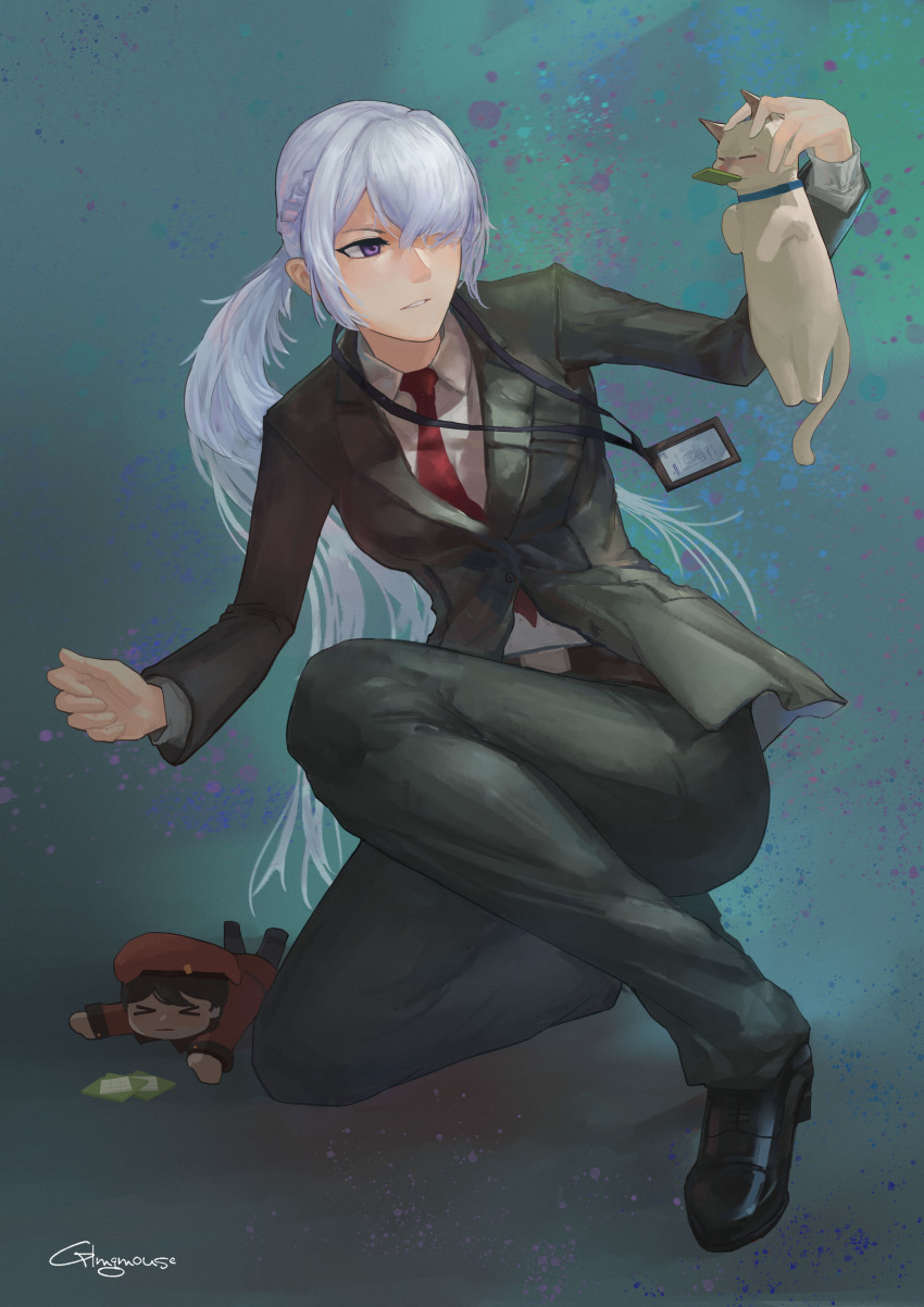 1boy, 1girl, absurdres, ak-15_(erwin)_(girls'_frontline), ak-15_(girls'_frontline), animal, aqua_background, artist_name