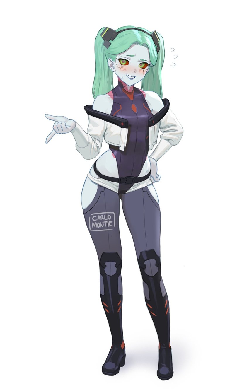 1girl, artificial_eye, artist_name, black_boots, black_leotard, blush, boots, breasts, carlo_montie, clothing_cutout, colored_sclera, colored_skin, commentary, cosplay, cropped_jacket, cyberpunk:_edgerunners, cyberpunk_(series), full_body, green_eyes, green_hair, grey_thighhighs, grin, hand_on_own_hip, heattech_leotard, highres, hip_vent, jacket, knee_boots, leotard, long_hair, lucy_(cyberpunk), lucy_(cyberpunk)_(cosplay), mechanical_eyes, neck_tattoo, nervous_smile, off-shoulder_jacket, off_shoulder, petite, raised_eyebrow, rebecca_(cyberpunk), red_pupils, red_sclera, simple_background, single_mechanical_eye, small_breasts, smile, solo, tattoo, thighhighs, turtleneck, twintails, untranslatable_commentary, white_background, white_jacket, white_skin