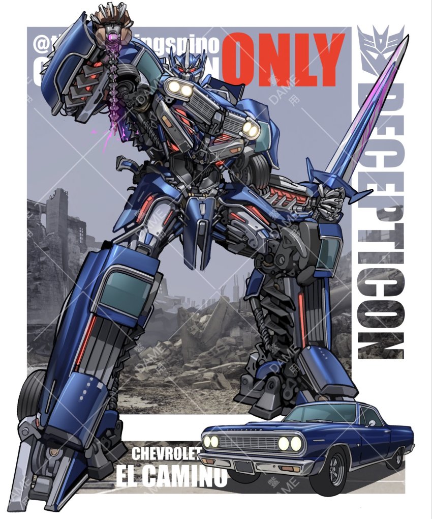 car, chevrolet, chevrolet_el_camino, commission, decepticon, highres, holding, holding_detached_head, holding_sword, holding_weapon, kamitoge_supino, looking_at_viewer, mecha, motor_vehicle, muscle_car, original, red_eyes, robot, science_fiction, severed_head, solo_focus, sword, transformers, watermark, weapon