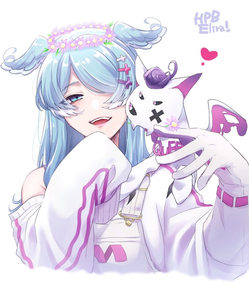 1girl, black_sclera, blue_eyes, blue_hair, colored_sclera, commentary, creature, creature_on_shoulder, dragon, elira_pendora, elira_pendora_(1st_costume), extra_eyes, flower, gloves, grey_gloves, hair_over_one_eye, half-closed_eye, happy_birthday, head_wings, head_wreath, heart, highres, long_hair, long_sleeves, mitsu6, nijisanji, nijisanji_en, off_shoulder, on_shoulder, one_eye_covered, open_hand, open_mouth, overalls, portrait, purple_eyes, purple_flower, simple_background, single_glove, smile, solo, sweater, untranslatable_commentary, virtual_youtuber, white_background, white_overalls, white_sweater, wings