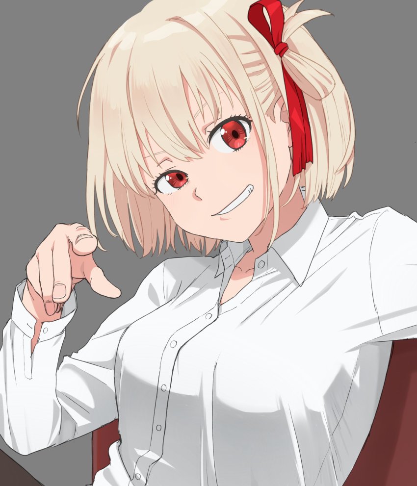 1girl, blonde_hair, buttoned_cuffs, buttons, evil_smile, formal_clothes, grey_background, hair_ornament