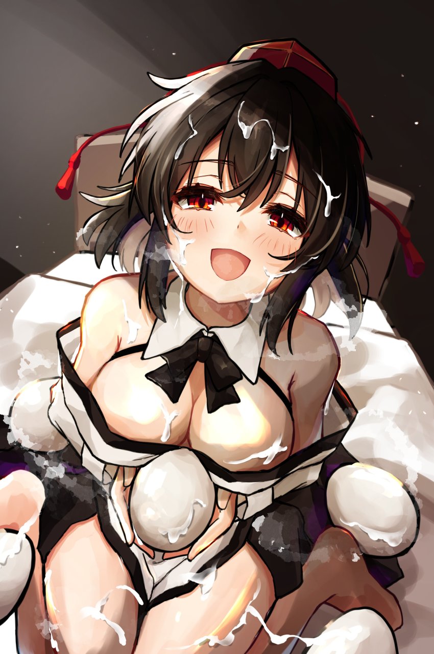 1girl, absurdres, adapted_costume, barefoot, black_hair, black_ribbon, breasts, cleavage, detached_collar, egg, hat, highres, hira-san, looking_at_viewer, medium_breasts, open_mouth, pom_pom_(clothes), red_eyes, red_hat, ribbon, shameimaru_aya, smile, solo, suggestive_fluid, tokin_hat, touhou