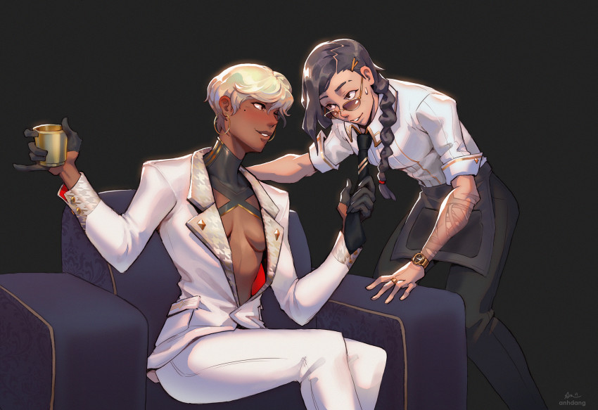 2girls, anh_dang, apron, arm_tattoo, black_apron, black_background, black_gloves, black_hair, black_necktie, black_pants, braid, braided_ponytail, breasts, brown_eyes, clothes_grab, commentary, cup, dark-skinned_female, dark_skin, earrings, english_commentary, eyebrow_cut, formal_clothes, gloves, hair_ornament, hair_over_shoulder, hairclip, half_gloves, highres, holding, holding_cup, hoop_earrings, interracial, jewelry, long_hair, mole, mole_under_eye, multiple_girls, necktie, necktie_grab, neckwear_grab, no_bra, one_eye_closed, original, pants, pinky_out, plunging_neckline, shirt, short_hair, shrug_(clothing), sideboob, sitting, sleeves_pushed_up, small_breasts, suit, tattoo, very_dark_skin, waist_apron, watch, white_hair, white_pants, white_shirt, white_suit, wristwatch, yuri