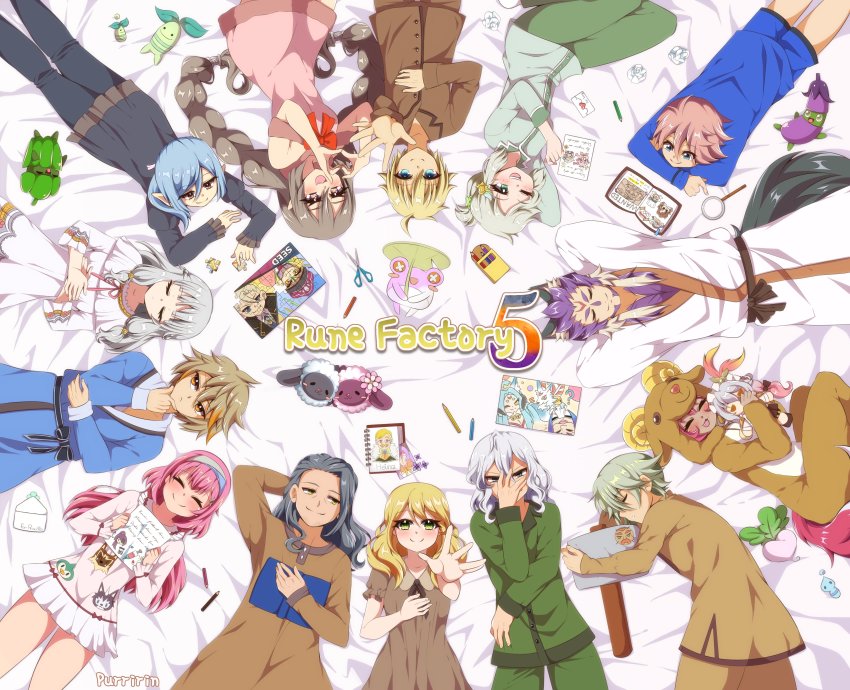 6+boys, 6+girls, absurdres, alice_(rune_factory), animal_hood, ares_(rune_factory), beatrice_(rune_factory), bell_pepper