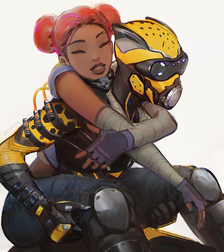 1boy, 1girl, ^_^, absurdres, apex_legends, bad_to_the_bone_lifeline, black_gloves, blue_shirt, bodysuit, cable, carrying, closed_eyes, dark-skinned_female, dark_skin, denim, double_bun, fingerless_gloves, gloves, hair_bun, helmet, highres, jeans, knee_pads, lifeline_(apex_legends), octane_(apex_legends), official_alternate_costume, pants, peter_chai, piggyback, red_hair, shirt, simple_background, smile, white_background, wild_speed_octane, yellow_bodysuit
