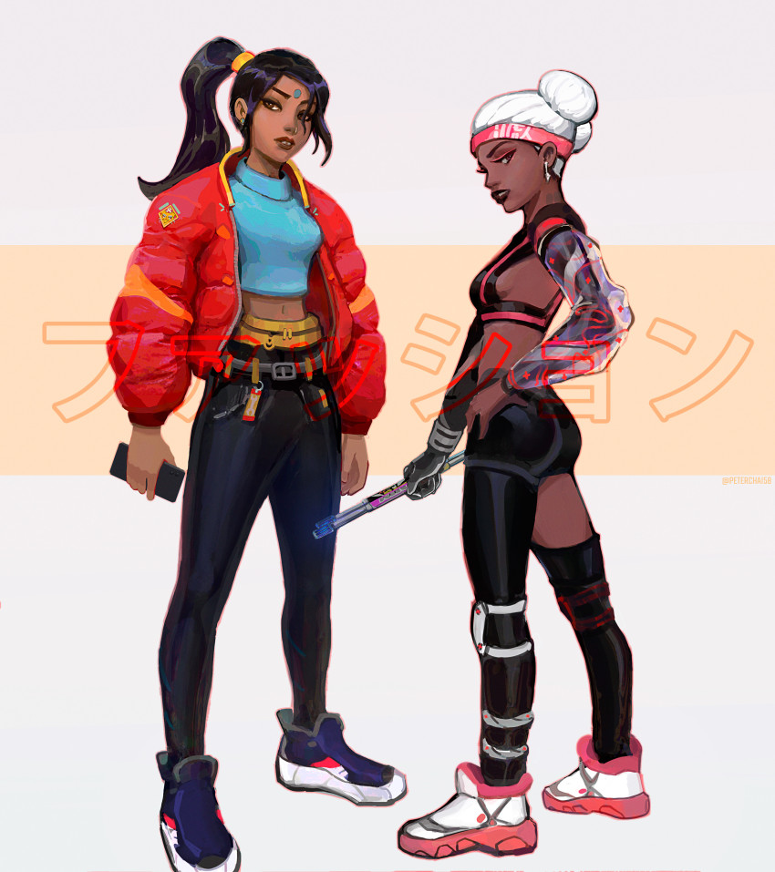 2girls, absurdres, alternate_costume, apex_legends, ass, belt, black_belt, black_shirt