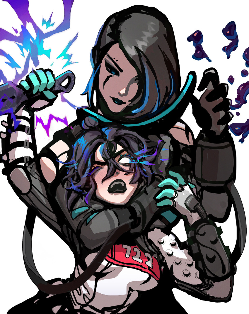2girls, apex_legends, black_gloves, black_hair, blue_eyes, blue_hair, bodysuit, breasts
