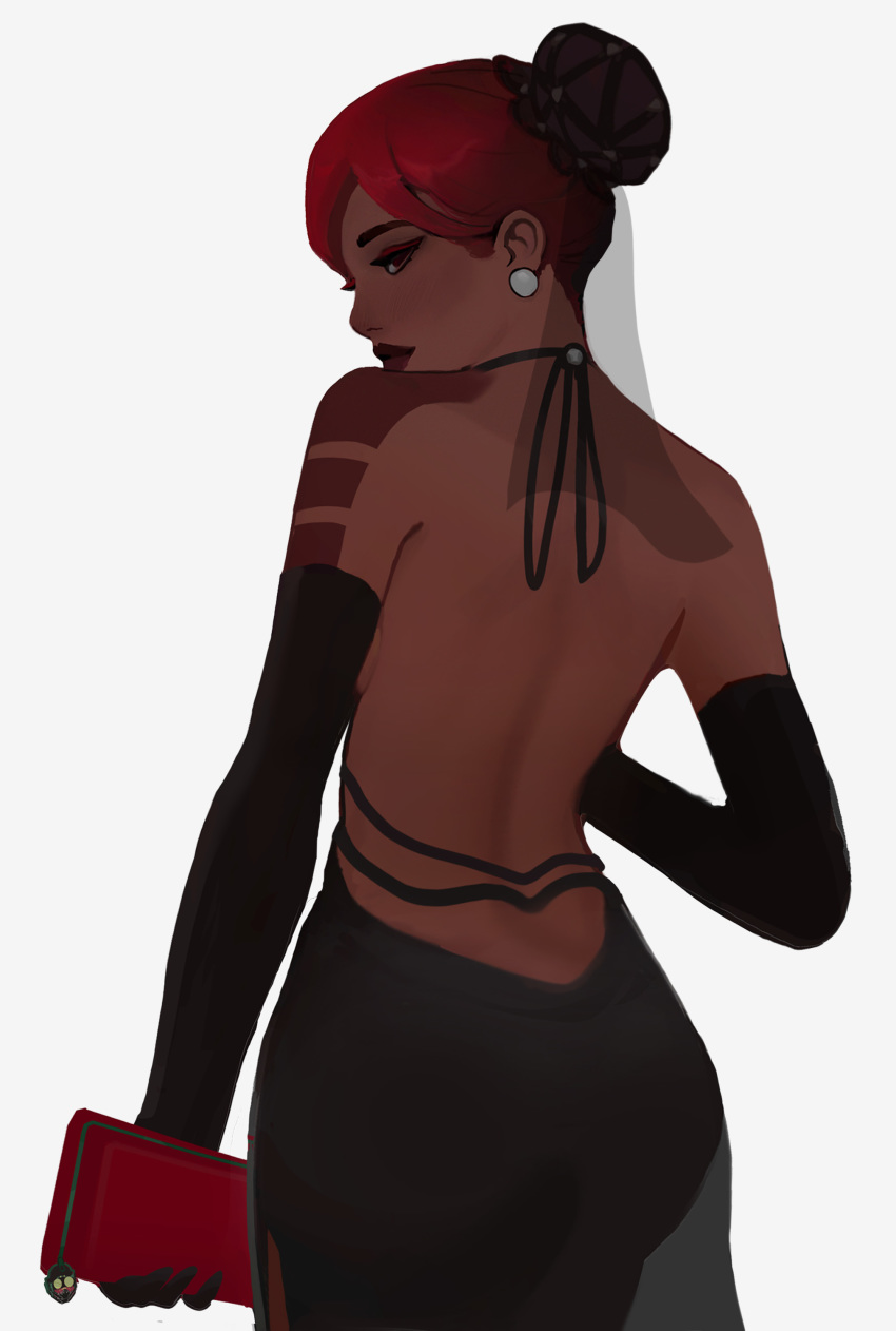 1girl, absurdres, apex_legends, backless_dress, backless_outfit, bag, black_dress, brown_eyes