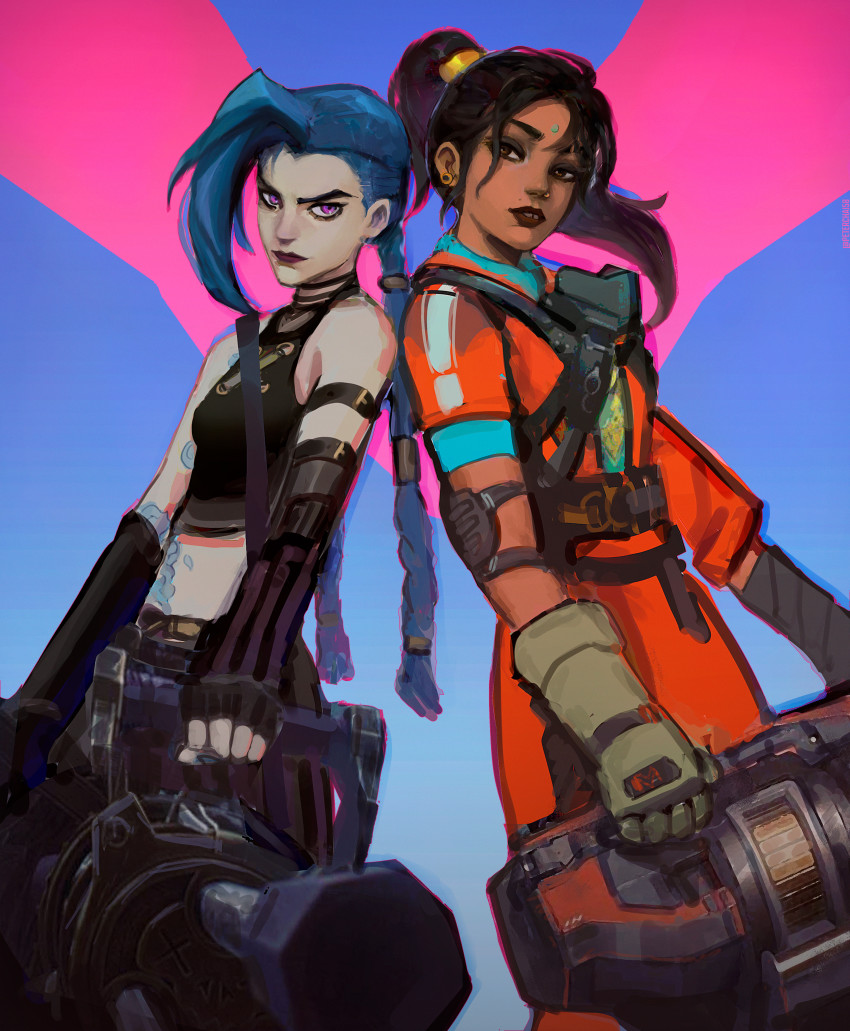 2girls, absurdres, apex_legends, arcane:_league_of_legends, arcane_jinx, black_gloves, blue_hair, braid, breasts, brown_hair, crop_top, crossover, dark-skinned_female, dark_skin, face_piercing, fingerless_gloves, gatling_gun, gloves, green_gloves, gun, hair_behind_ear, highres, holding, holding_gun, holding_weapon, jinx_(league_of_legends), jumpsuit, league_of_legends, looking_at_viewer, minigun, mole, mole_above_mouth, multiple_girls, nose_piercing, nose_ring, orange_jumpsuit, peter_chai, piercing, purple_eyes, rampart_(apex_legends), ring_piercing, sheila_(minigun), side_ponytail, small_breasts, tooth_gap, twin_braids, weapon, weapon_connection