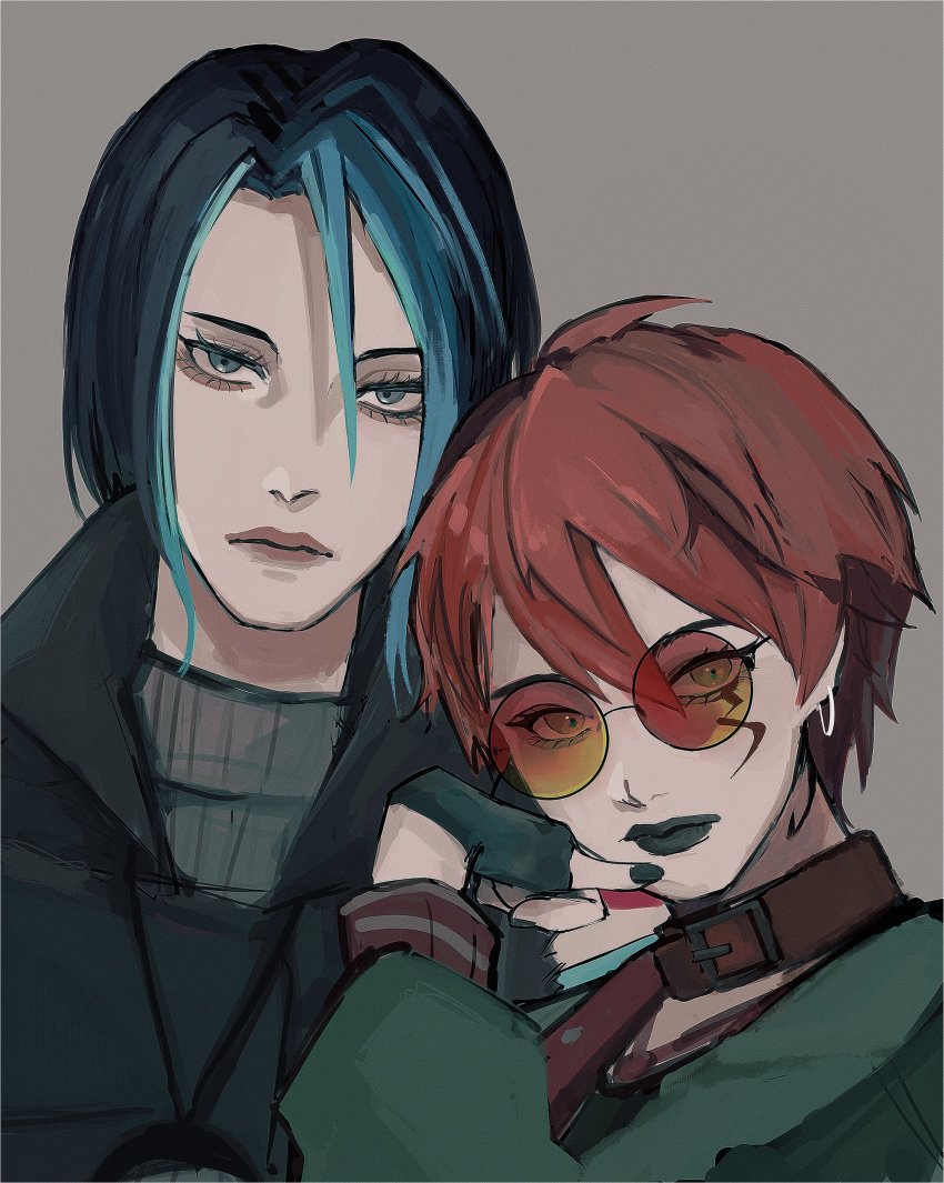 2girls, absurdres, animification, apex_legends, black_hair, blue_eyes, blue_hair, brown_collar