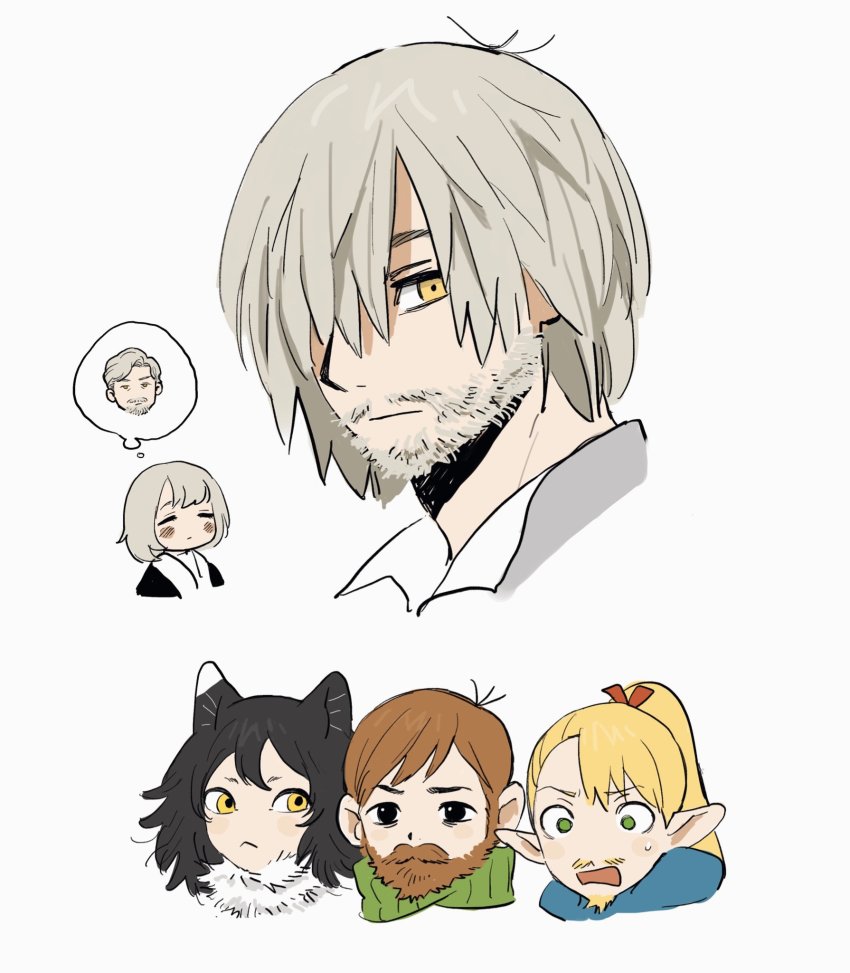 2boys, 3girls, animal_ears, bearded_girl, black_hair, blonde_hair, blush, bob_cut, brother_and_sister, brown_hair, cat_ears, cat_girl, chilchuck_tims, closed_eyes, dungeon_meshi, elf, facial_hair, falin_touden, falin_touden_(tallman), frs2, fur, green_eyes, grey_hair, hair_over_one_eye, highres, izutsumi, laios_touden, long_hair, looking_at_viewer, marcille_donato, multiple_boys, multiple_girls, mustache, one_eye_covered, pointy_ears, ponytail, portrait, short_hair, siblings, speech_bubble, spoken_character, stubble, surprised, thought_bubble, yellow_eyes