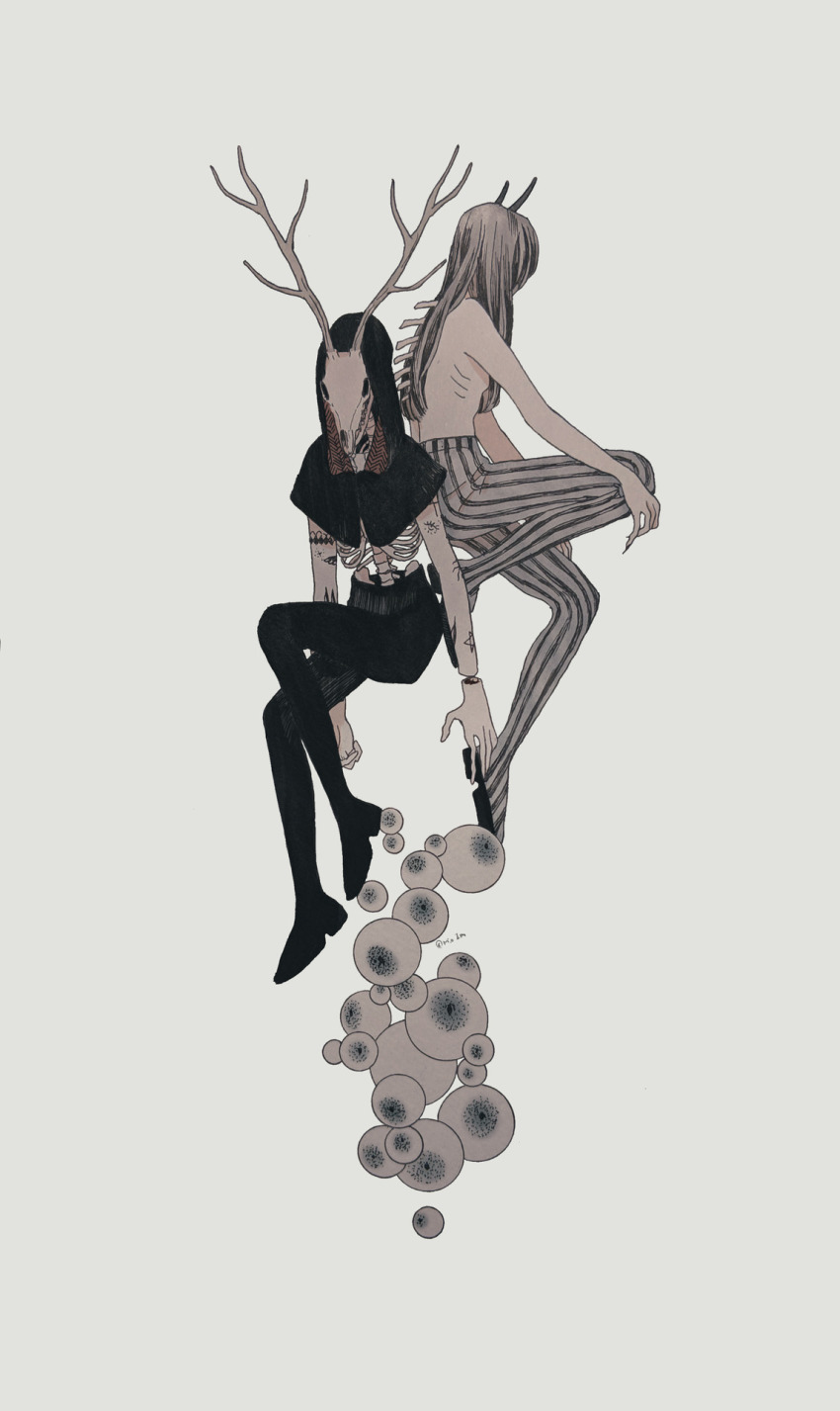 2girls, animal_skeleton, animal_skull, antlers, bone, cochlea1313, deer_skull, highres