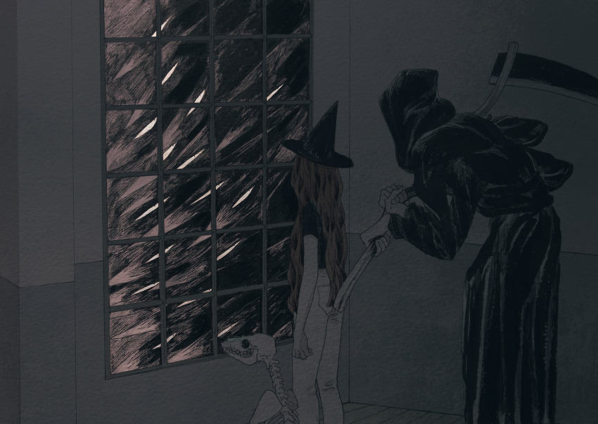 1girl, animal_skeleton, cochlea1313, death_(entity), hat, horror_(theme), long_hair, original, pants, scythe, window, witch, witch_hat