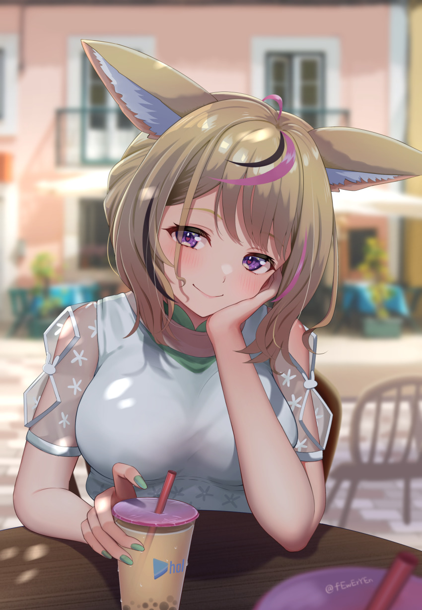 1girl, absurdres, animal_ear_fluff, animal_ears, blonde_hair, blush, cup, drink