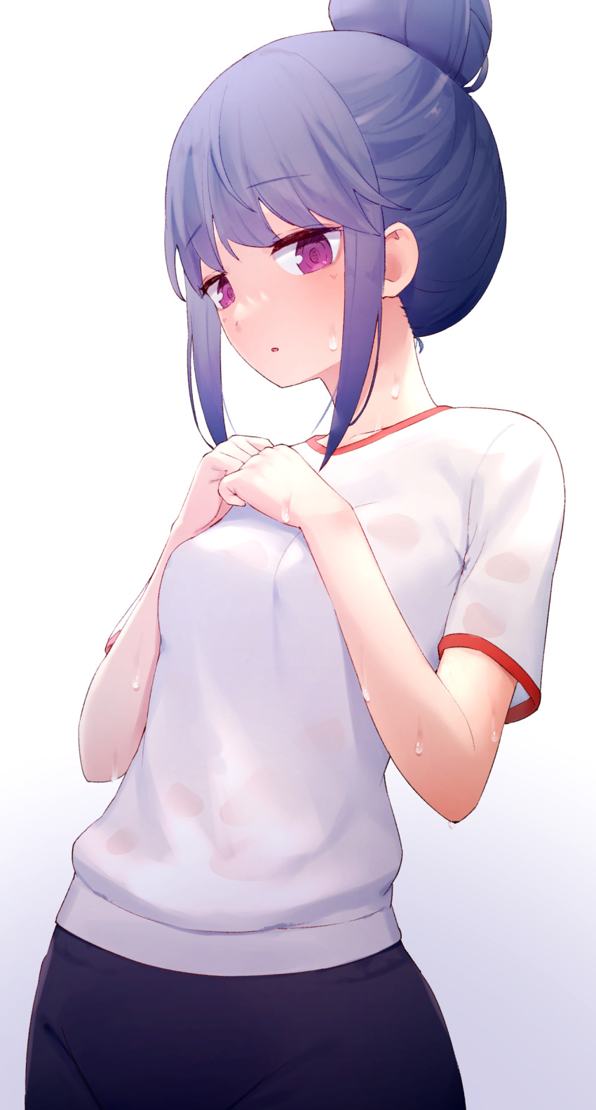 1girl, blue_hair, breasts, clenched_hands, gym_uniform, hair_bun, hands_on_own_chest, highres