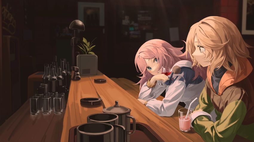 2girls, absurdres, bar_(place), black_shirt, blonde_hair, blue_eyes, blush, character_request