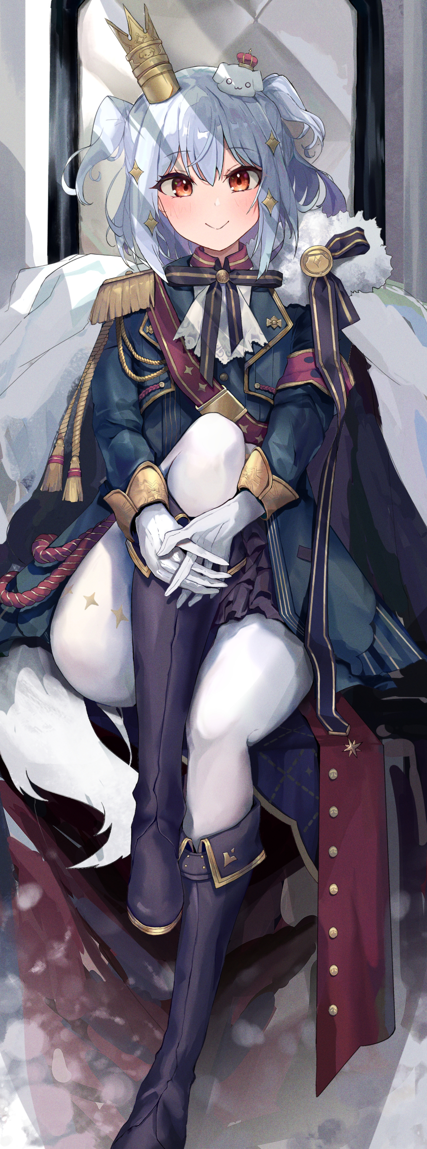 1boy, absurdres, black_skirt, blue_hair, boots, crown, dog_hair_ornament, dog_tail