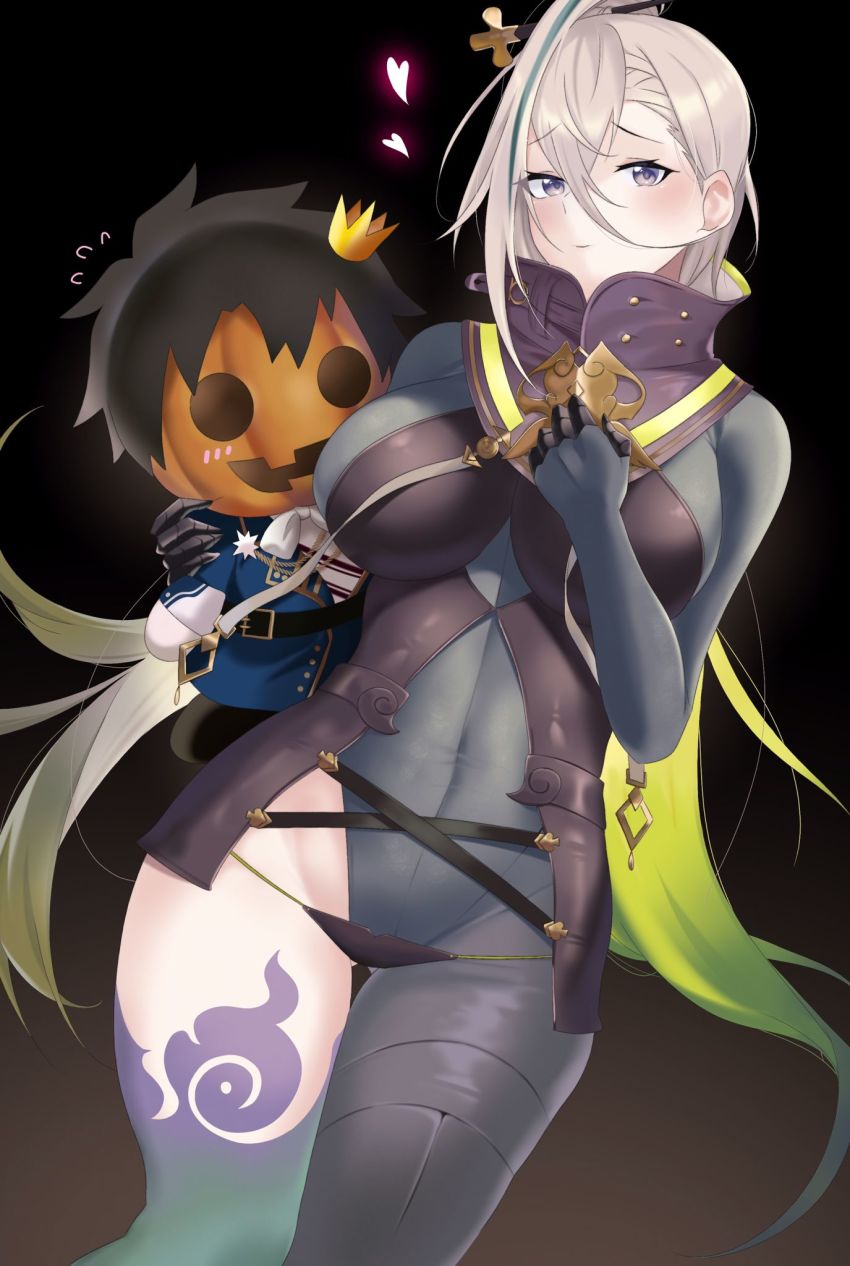 1boy, 1girl, asymmetrical_clothes, black_hair, bodysuit, breasts, covered_navel, crown, fate/grand_order, fate_(series), fujimaru_ritsuka_(male), fujimaru_ritsuka_(male)_(halloween_royalty), gradient_hair, green_hair, grey_bodysuit, grey_eyes, hair_between_eyes, hair_ornament, hairpin, heart, high_collar, highleg, highres, huyan_zhuo_(fate), huyan_zhuo_(second_ascension)_(fate), jack-o'-lantern, large_breasts, long_hair, looking_at_viewer, mini_crown, multicolored_hair, oxygen_mask_(oxygenmask233), pumpkin, short_hair, single_pantsleg, smile, streaked_hair, thighs, very_long_hair, white_hair