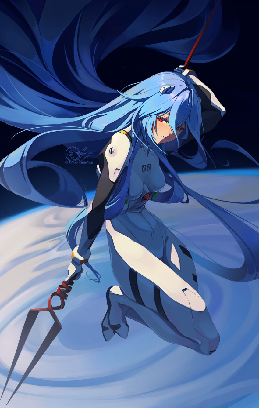 1girl, arm_up, artist_name, ayanami_rei, bident, blue_hair, blue_theme, bodysuit