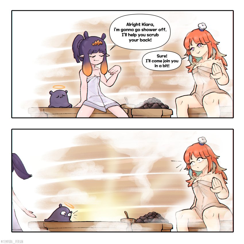 absurdres, blunt_bangs, comic, english_text, halo, hat, highres, hololive, hololive_english, long_hair, mini_hat, multicolored_hair, multiple_girls, naked_towel, ninomae_ina'nis, orange_hair, pointy_ears, ponytail, purple_hair, sauna, sauna_bucket, sitting, steam, sweat, takanashi_kiara, takodachi_(ninomae_ina'nis), tempura_person, tentacle_hair, towel, virtual_youtuber