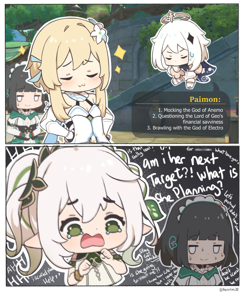 2koma, 4girls, akasha_terminal, alternate_language, blonde_hair, blush, braid, comic, dress, english_text, floating, flower, game_screenshot_background, genshin_impact, hair_flower, hair_ornament, halo, highres, katheryne_(genshin_impact), kevin_lim, kevinlim39, lumine_(genshin_impact), maid_headdress, mechanical_halo, multiple_girls, nahida_(genshin_impact), paimon_(genshin_impact), pointy_ears, romper, scared, screenshot_background, short_hair, short_hair_with_long_locks, sidelocks, sweatdrop, tearing_up, white_dress, white_flower, white_hair, white_romper