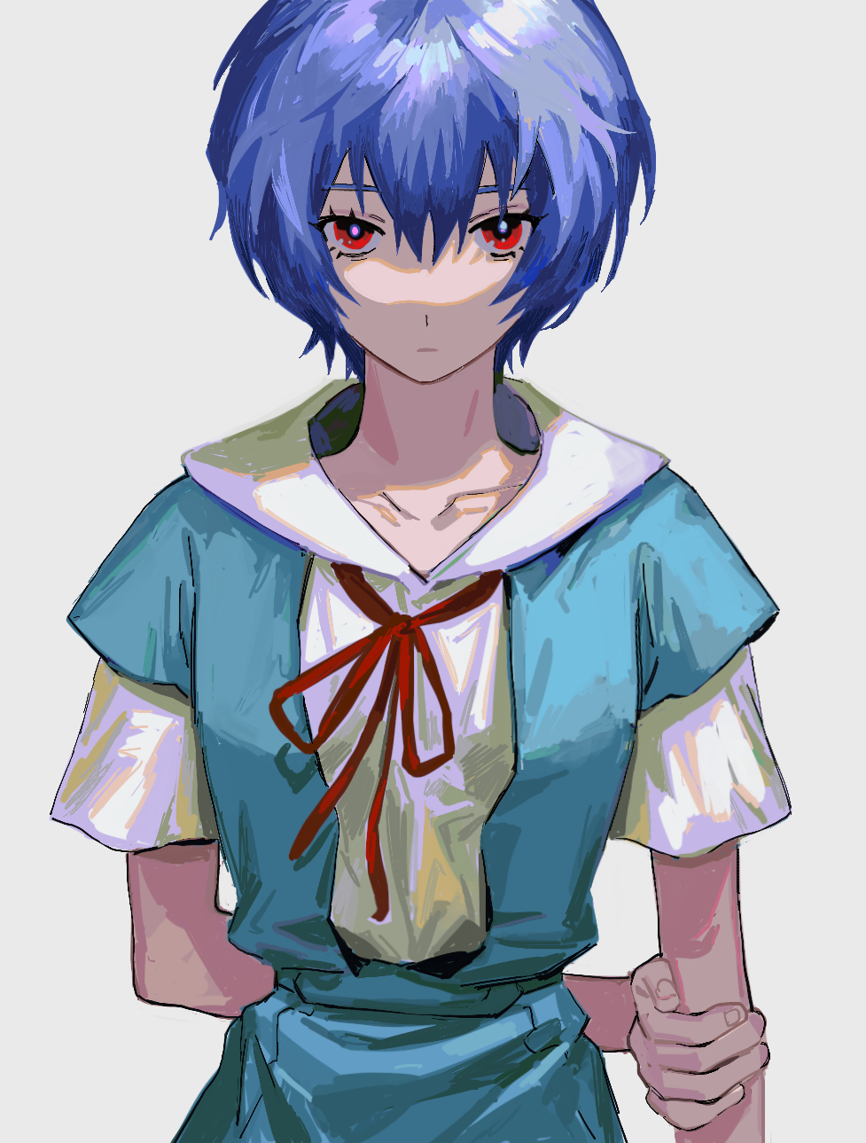 1girl, arm_behind_back, ayanami_rei, blue_dress, blue_hair, collarbone, collared_shirt, dress, expressionless, hand_on_own_arm, highres, looking_at_viewer, neck_ribbon, neon_genesis_evangelion, pinafore_dress, red_eyes, ribbon, sailor_collar, school_uniform, shirt, short_hair, short_sleeves, simple_background, sleeveless, sleeveless_dress, solo, standing, straight-on, takushi_(taxi739), upper_body, white_background, white_shirt