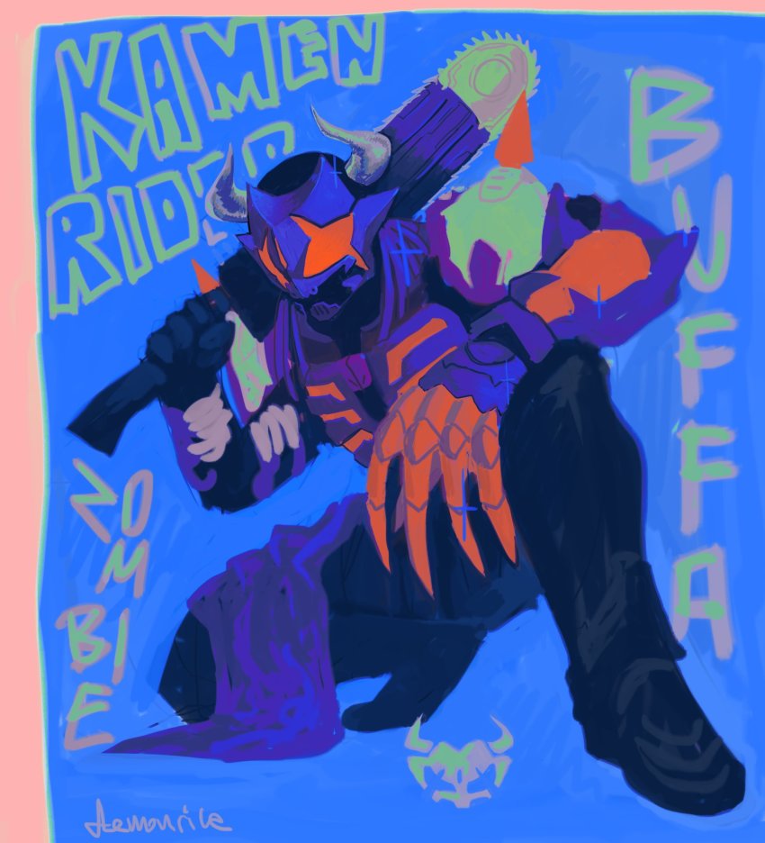 1boy, bull, chainsaw, character_name, claw_(weapon), cowboy_shot, demonnnrice, gradient_hair, highres, horns, kamen_rider, kamen_rider_buffa, kamen_rider_geats_(series), male_focus, multicolored_hair, over_shoulder, purple_hair, purple_scarf, red_hair, scarf, shoulder_spikes, spikes, squatting, tokusatsu, weapon, weapon_over_shoulder, zombie, zombie_breaker
