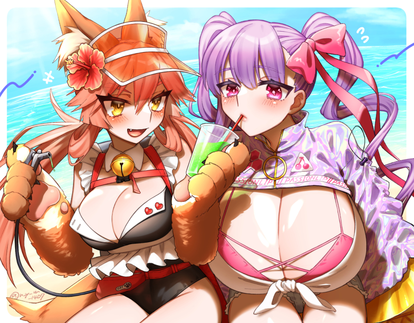 2girls, animal_ear_fluff, animal_ears, animal_hands, bell, blush, breasts, cat_paws, claw_(weapon), claws, cleavage, collar, collarbone, cup, drill_hair, drinking, fang, fate/extra, fate/extra_ccc, fate/grand_order, fate_(series), flower, fox_ears, fox_girl, fox_tail, gloves, hair_flower, hair_ornament, hair_ribbon, heart, highres, huge_breasts, jingle_bell, koyuki_suzu, large_breasts, long_hair, multiple_girls, neck_bell, ocean, open_mouth, outdoors, passionlip_(fate), paw_gloves, pink_eyes, purple_hair, red_hair, ribbon, tail, tamamo_cat_(fate), visor_cap, weapon, yellow_eyes