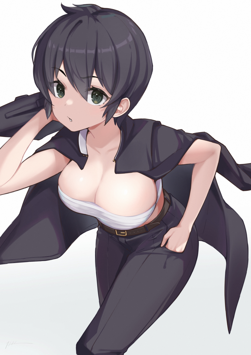 absurdres, bandages, belt, black_hair, breasts, briefcase, chest_sarashi, cleavage, female_focus, fujinami_ryuunosuke, green_eyes, highres, itou_kazuki, jacket, large_breasts, open_clothes, open_jacket, pants, pixie_cut, sarashi, school_briefcase, short_hair, solo, tomboy, urusei_yatsura