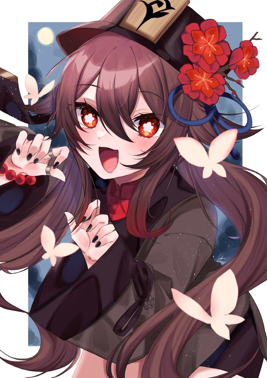 1girl, bead_bracelet, beads, black_headwear, black_jacket, black_nails, black_shorts, blush, bracelet, bright_pupils, brown_eyes, bug, butterfly, commentary, flower, genshin_impact, hair_between_eyes, highres, hu_tao_(genshin_impact), insect, jacket, jewelry, kom0980, leaning_forward, looking_at_viewer, multiple_rings, nail_polish, open_mouth, red_flower, ring, shorts, smile, solo, untranslatable_commentary, symbol-shaped_pupils, white_pupils