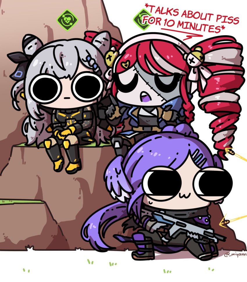 3girls, :3, apex_legends, assault_rifle, black_scarf, blue_jacket, chibi, closed_eyes, colored_skin, commentary, cone_hair_bun, cosplay, deep_current_wattson, drill_hair, english_commentary, english_text, expressionless, grey_hair, grey_skin, gun, hair_bun, hairband, half-closed_eyes, highres, holding, holding_gun, holding_weapon, hololive, hololive_indonesia, jacket, kureiji_ollie, miyan_(oceanmaiden), multicolored_hair, multiple_girls, nijisanji, nijisanji_en, parted_bangs, purple_hair, r-301_carbine, red_hair, rifle, scarf, selen_tatsuki, sitting, squatting, stitched_face, stitches, streaked_hair, twin_drills, udin_(kureiji_ollie), valkyrie_(apex_legends), valkyrie_(apex_legends)_(cosplay), vestia_zeta, virtual_youtuber, wattson_(apex_legends), wattson_(apex_legends)_(cosplay), weapon, white_hairband, wraith_(apex_legends), wraith_(apex_legends)_(cosplay)