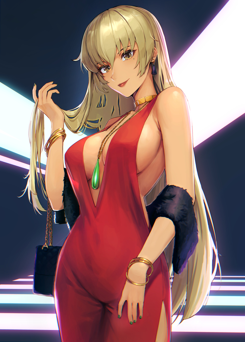 1girl, absurdres, alaskastomatoez, bag, blonde_hair, bracelet, breasts, cleavage