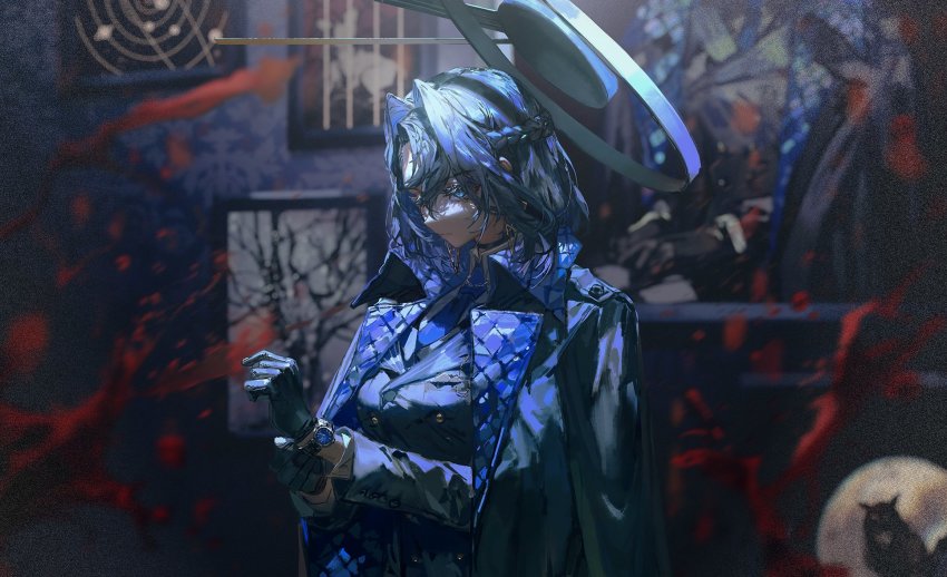 1girl, black_gloves, black_hair, black_jacket, blood, blood_splatter, blue_eyes, blue_necktie