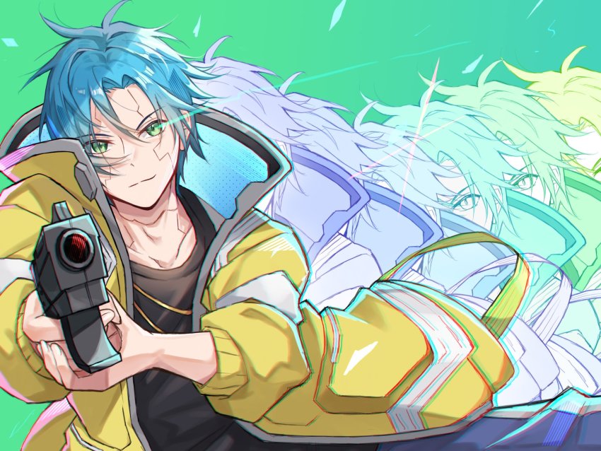 1boy, afterimage, aiming, aiming_at_viewer, aqua_background, black_shirt, blue_eyes, blue_hair