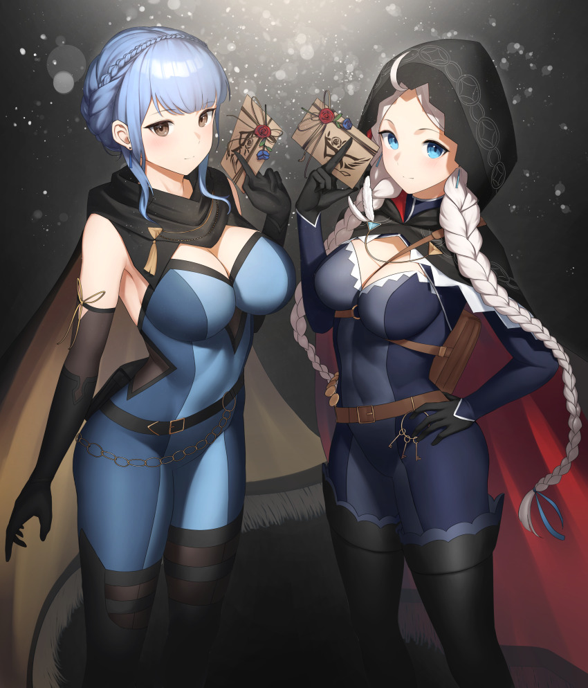 2girls, absurdres, ahoge, black_cape, black_footwear, black_gloves, blue_bodysuit, blue_eyes