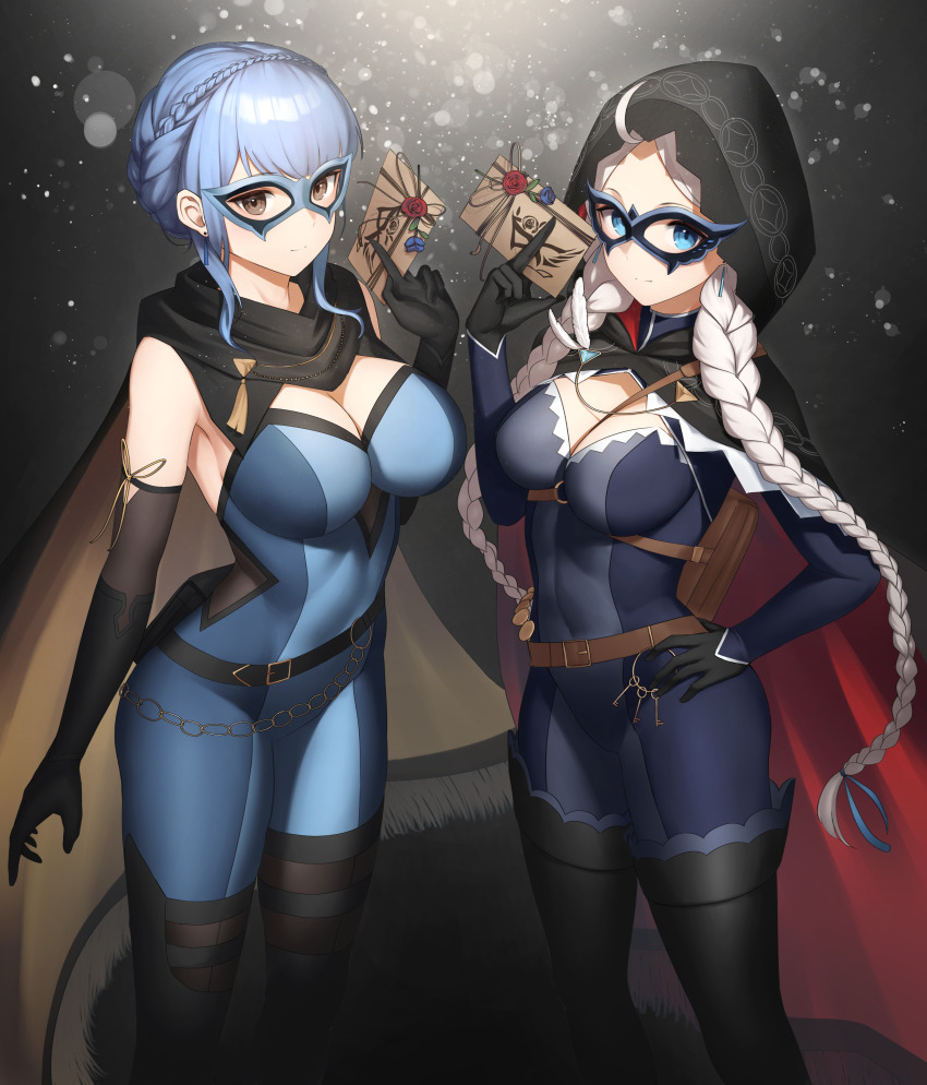 2girls, absurdres, ahoge, black_cape, black_footwear, black_gloves, blue_bodysuit, blue_eyes