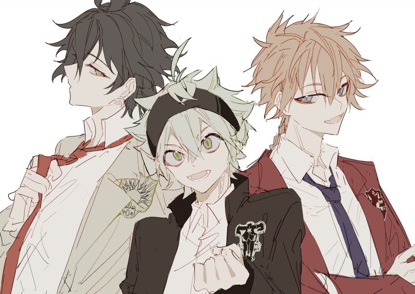 3boys, asta_(black_clover), black_bulls_(emblem), black_clover, black_hair, blue_eyes, green_eyes, grey_hair
