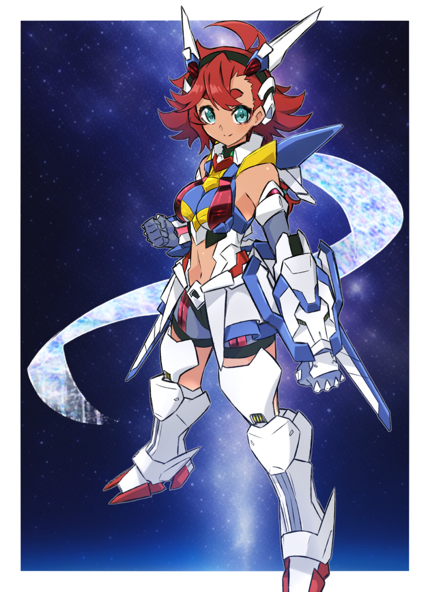 1girl, adapted_costume, ahoge, armor, breasts, commentary, cosplay, green_eyes, gundam, gundam_aerial, gundam_aerial_(cosplay), gundam_suisei_no_majo, headgear, highres, long_hair, looking_at_viewer, low-tied_long_hair, low_ponytail, medium_breasts, mutsuki_riichi, navel, ponytail, red_hair, scarf, senki_zesshou_symphogear, short_shorts, shorts, sky, solo, space, standing, star_(sky), starry_sky, suletta_mercury, tachibana_hibiki_(symphogear), tachibana_hibiki_(symphogear)_(cosplay), thick_eyebrows